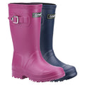 Two pairs of rubber rain boots stand side by side one in pink with a buckle strap and the other in navy blue designed for wet weather conditions