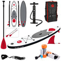 A stand-up paddleboard lies with a red and white design alongside a paddle pump backpack and accessories including a paddle safety leash repair kit and inflation materials in a neutral setting.