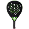 A padel racket with a rounded head features a black surface adorned with numerous holes and green accents displaying the Wilson logo and "BLADE ELITE" text, suitable for outdoor sports.