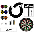 A dartboard is surrounded by various dart components including colorful flights, shafts, and points along with a scoring sheet and a dry erase marker on a white background.