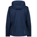 A navy blue jacket is displayed hanging with its hood up showing a smooth outer texture and seam details designed for outdoor wear in various weather conditions.