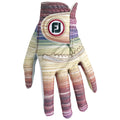 A colorful golf glove with horizontal stripes in gradient shades holds an open position as if ready to be worn, showcasing stitching and a logo on the wrist area.