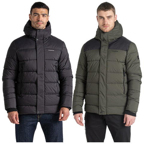 Two men are wearing insulated jackets in black and olive green. They stand side by side with neutral expressions against a plain white background, showcasing the jackets' design and colors.