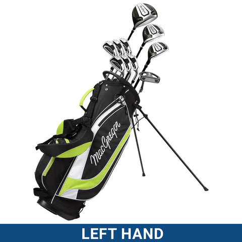 A black and green golf bag stands upright displaying multiple golf clubs emerging from the top the bag is labeled with the name MacGregor at the side below a blue label that reads LEFT HAND