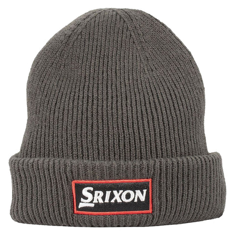 A gray knit beanie sits upright displaying a folded brim with a red and black branded patch that reads Srixon against a plain white background.