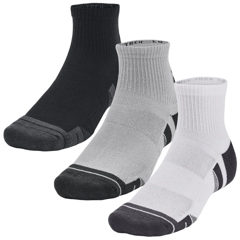 Three pairs of athletic socks display varying colors of black gray and white. They are designed with ribbed tops and reinforced toes showcasing a sporty appearance suitable for active wear.