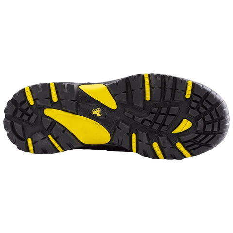 A black shoe sole featuring a tread pattern with yellow accents is presented. The sole appears designed for traction and durability, likely suitable for outdoor activities or rugged environments.