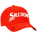 A bright red cap features the word Srixon prominently in white lettering on the front with a curved brim designed for sun protection in outdoor activities.