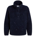 A dark navy fleece pullover features a high collar and a buttoned placket. The fabric is textured with lighter speckles, suggesting warmth and comfort.