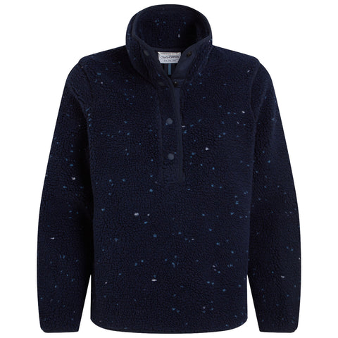 A dark navy fleece pullover features a high collar and a buttoned placket. The fabric is textured with lighter speckles, suggesting warmth and comfort.