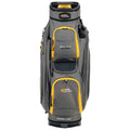 A gray golf bag with yellow accents stands upright featuring multiple zippered pockets and a top opening for storing clubs in a neutral background.