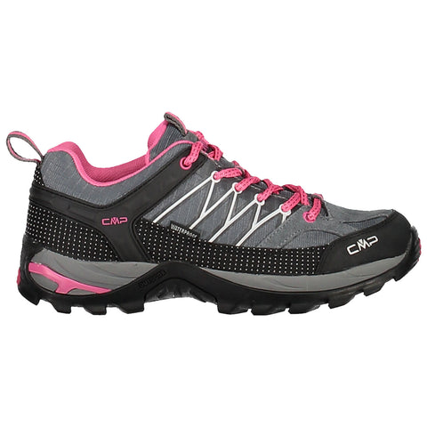 A gray and black waterproof shoe with pink accents features a rugged sole and a textured surface, designed for outdoor activities, positioned to showcase its side profile against a blank background.