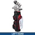 A golf bag with five clubs stands upright. The bag is black with red accents and has multiple pockets. Text at the bottom reads "LEFT HAND."