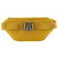 A yellow waist bag sits flat with a prominent plastic buckle at the front showcasing a durable fabric material designed for carrying items comfortably while being worn around the waist.