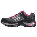 A black and gray hiking shoe features pink accents and laces with a rugged sole designed for outdoor activities on various terrains. The design includes breathable mesh sections.