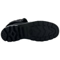 A black rubber shoe sole with a textured pattern is displayed facing upward showcasing its gripping design intended for traction and stability on various surfaces.