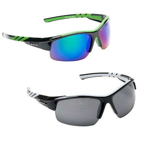 EyeLevel Sports Sunglasses - Meteor Two pairs of sunglasses are displayed one on top of the other the upper pair features a black frame with green accents and blue tinted lenses while the lower pair has a black frame with gray lenses