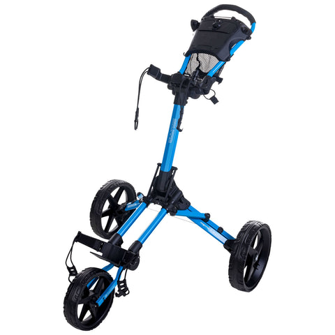 A blue golf push cart with three wheels is situated upright showcasing its frame and handle designed for easy maneuverability on the golf course.