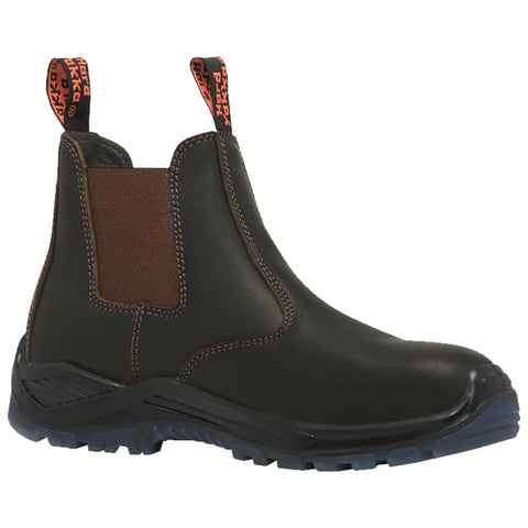 A sturdy black boot with elastic side panels and pull tabs stands upright showcasing a rugged sole designed for traction and durability ideal for outdoor or work environments.