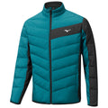 A teal and black insulated jacket is prominently displayed with a full zipper and a high collar showcasing a modern design ideal for outdoor activities in cool weather.