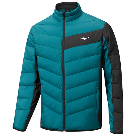 A teal and black insulated jacket is prominently displayed with a full zipper and a high collar showcasing a modern design ideal for outdoor activities in cool weather.