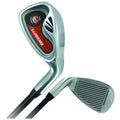 A golf club stands upright with a shiny metallic head displaying a red and black logo the clubface shows grooves for ball striking against a neutral background.