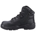 A black tactical boot features a sturdy design with laces and a side zipper for easy wear in rugged environments like construction sites or outdoor terrains.