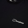 A black t-shirt is displayed prominently featuring a white logo of the brand Berghaus located on the left side near the neckline in a minimalistic design.