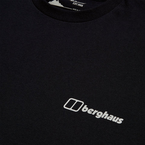 A black t-shirt is displayed prominently featuring a white logo of the brand Berghaus located on the left side near the neckline in a minimalistic design.