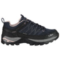 A dark blue waterproof shoe features a rugged sole and sturdy laces designed for outdoor activities placed against a plain background conveying a focus on the footwear.