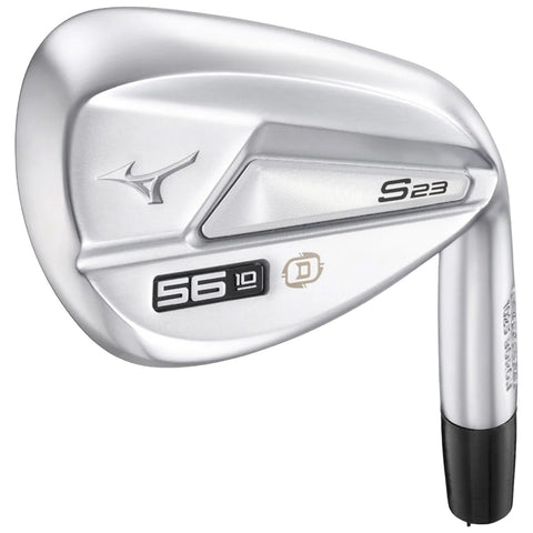 A golf club head is displayed prominently the club is positioned at an angle showcasing its shiny surface and engraved markings 56 10 and S23 indicating specifications and brand details.