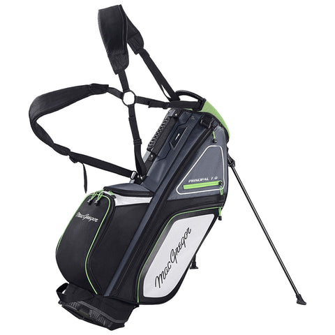 A golf bag with a stand is positioned upright featuring shoulder straps and multiple pockets indicating functionality and ease of transport designed for carrying golf clubs and accessories.