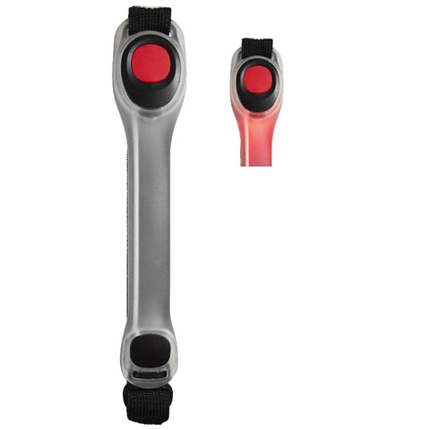 A long transparent light stick with a red and black button is displayed beside a smaller version of itself, both designed for easy handling with straps for secure grip.