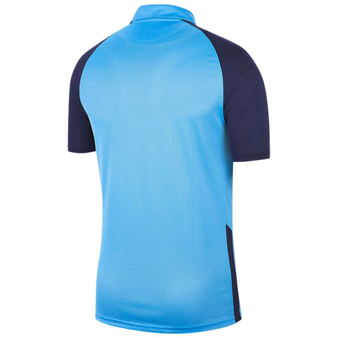 A blue polo shirt with short navy sleeves hangs against a neutral background showcasing its smooth fabric and sporty design intended for casual or athletic wear.