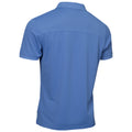 A short-sleeved blue polo shirt is displayed from the back showcasing a smooth texture and a collar with stitching details in a neutral setting.