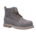 An ankle-high grey boot with brown laces and a textured sole is positioned on a plain white background showcasing its sturdy design and casual style ideal for outdoor activities.