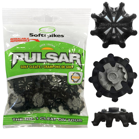 A resealable bag contains multiple black golf cleats designed for traction the cleats feature a star-like shape with distinct prongs showcasing branding text prominently on the packaging.