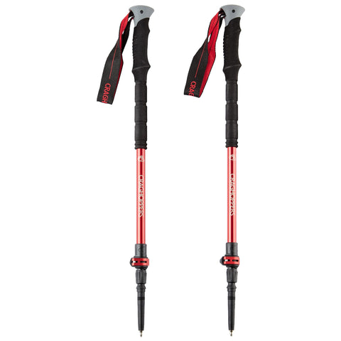 Two red trekking poles stand upright with ergonomic grips at the top adjustable sections in the middle and pointed tips at the bottom designed for stability in outdoor hiking contexts.