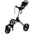 A golf push cart with three large wheels stands upright showcasing its lightweight aluminum frame and an adjustable handle designed for maneuverability on golf courses.