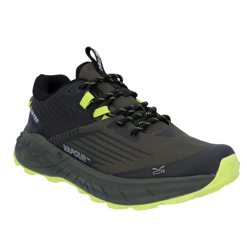 A black and green athletic shoe is displayed with a textured upper surface and string laces showcasing the name Vapour. The shoe is positioned on a white background.