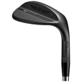 A black golf wedge lies horizontally on a white background showcasing its sleek design the clubface features engraved details for improved grip and precision in gameplay.