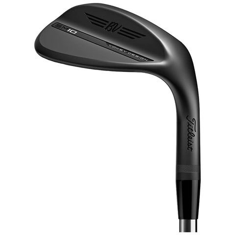 A black golf wedge lies horizontally on a white background showcasing its sleek design the clubface features engraved details for improved grip and precision in gameplay.