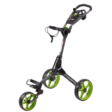 A golf trolley with three wheels stands upright featuring a black and green color scheme. It includes a handle and a compartment for equipment, suitable for transporting golf clubs on a course.