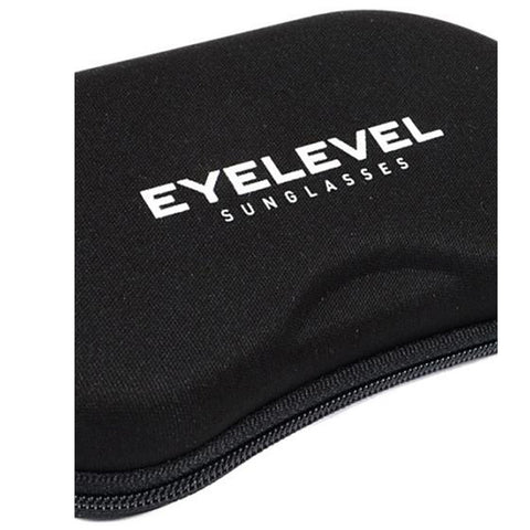 A black sunglasses case is shown resting on a flat surface displaying the brand name "EYELEVEL" and the word "SUNGLASSES" prominently on the top indicating it is designed for sunglasses storage.