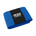 A blue exercise resistance band is laying flat with a black fabric section containing the logo "IZZO" prominently displayed in the center, suitable for fitness activities.