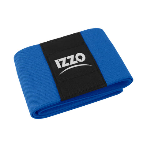 A blue exercise resistance band is laying flat with a black fabric section containing the logo "IZZO" prominently displayed in the center, suitable for fitness activities.