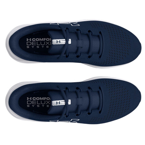 A pair of navy athletic shoes rests on a flat surface with a breathable mesh upper and white soles featuring a logo. The shoes are laced and designed for comfort.