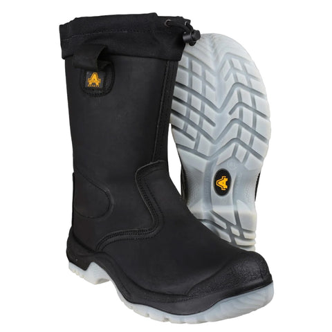 Black waterproof boots with a rubber sole and a cushioned upper are positioned upright with the sole visible in a clean background, suitable for outdoor or work environments.