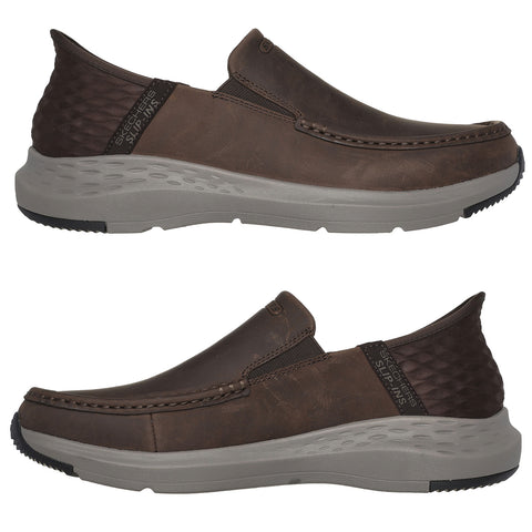 Brown slip-on shoes are displayed from multiple angles showcasing their smooth leather upper and textured heel sections in a neutral setting without distractions.