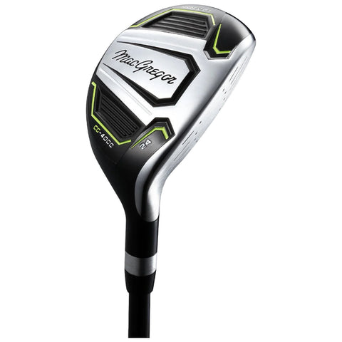 A golf club is displayed with a sleek metallic head and black shaft. It is designed for hitting golf balls and features branding and numerical indicators for specifications.